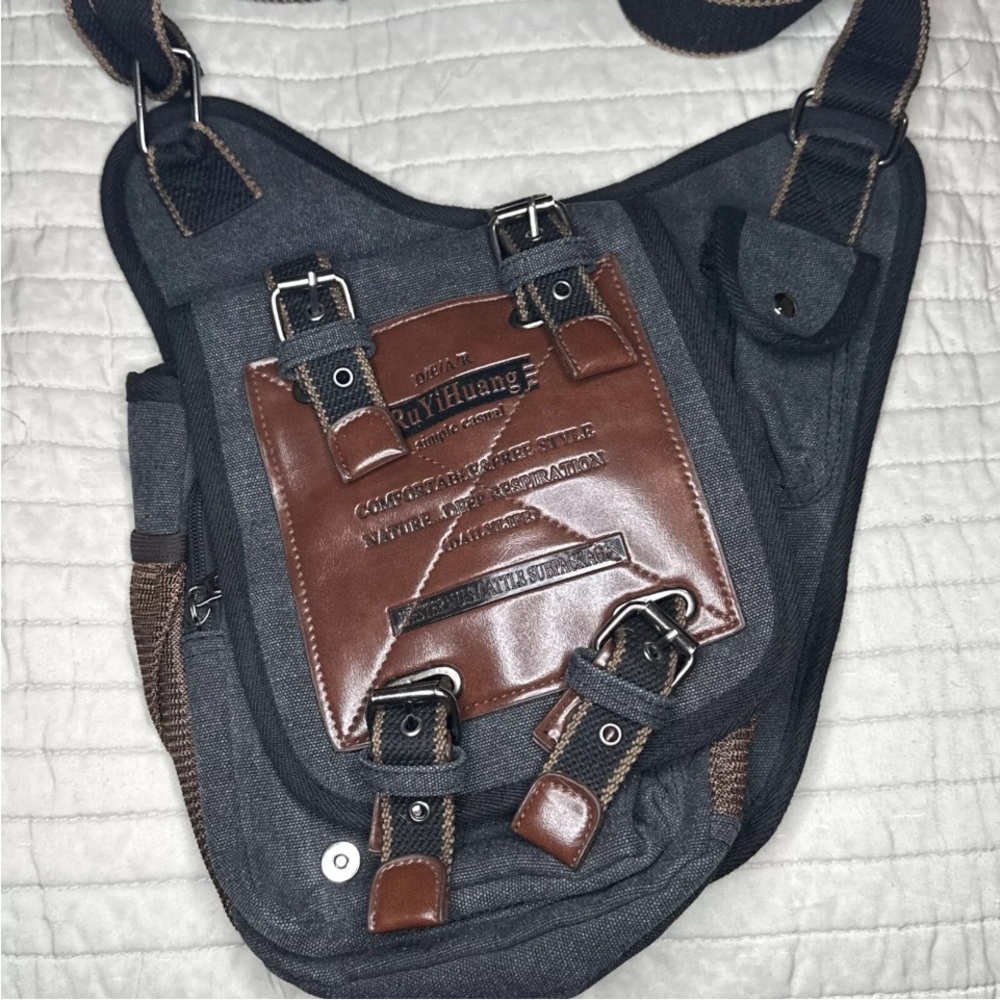 RuYiHuang Vintage Style Messenger Bag Khaki Canvas Brown Leather Satchel